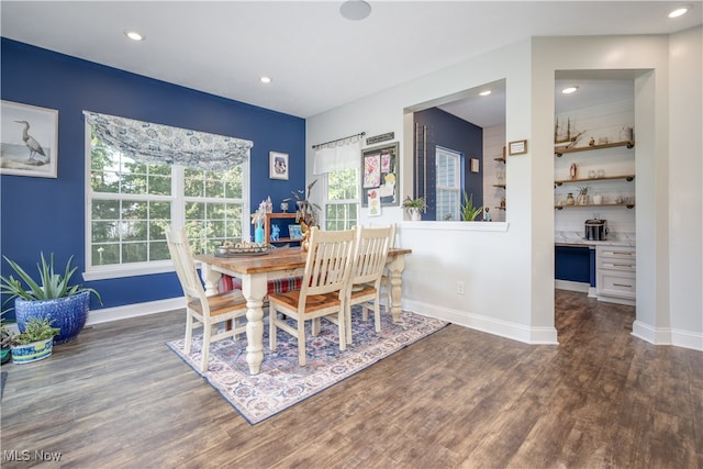 dining area featuring a wealth of natural light and dark hardwood / wood-style flooring