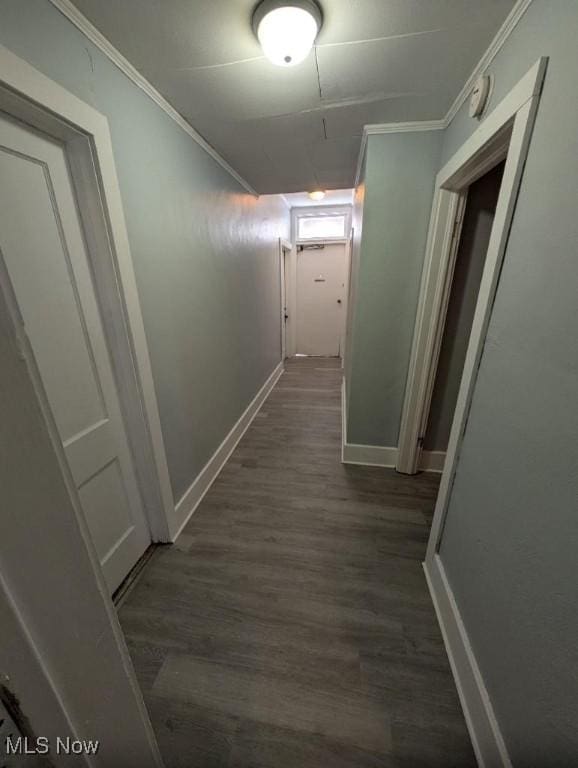 corridor with dark hardwood / wood-style floors and crown molding