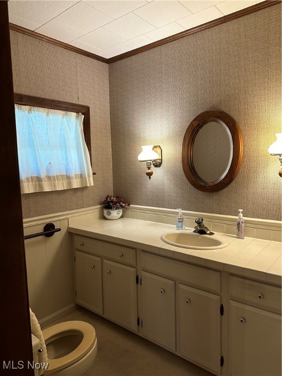 bathroom with vanity, crown molding, and toilet