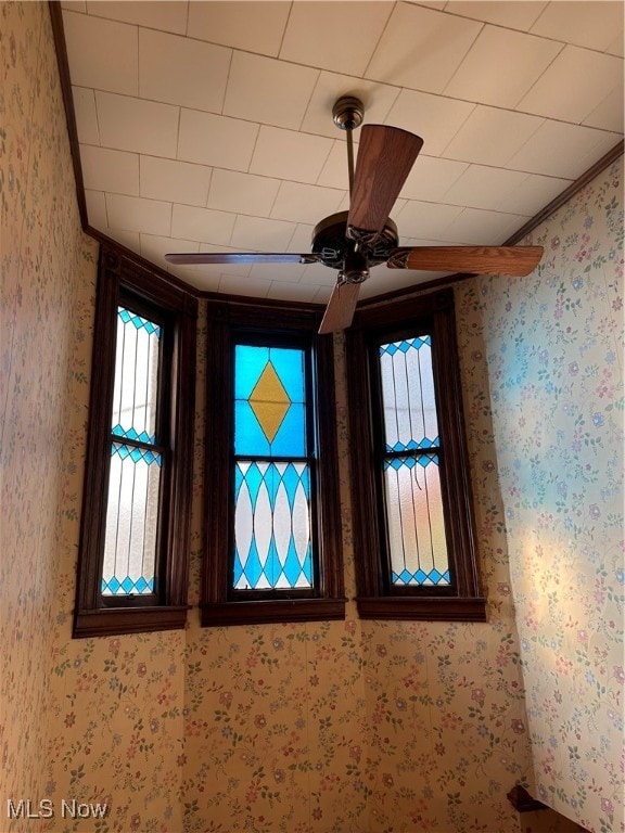 room details with ornamental molding and ceiling fan