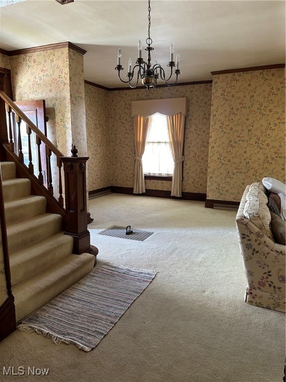 interior space with ornamental molding, a chandelier, and light carpet