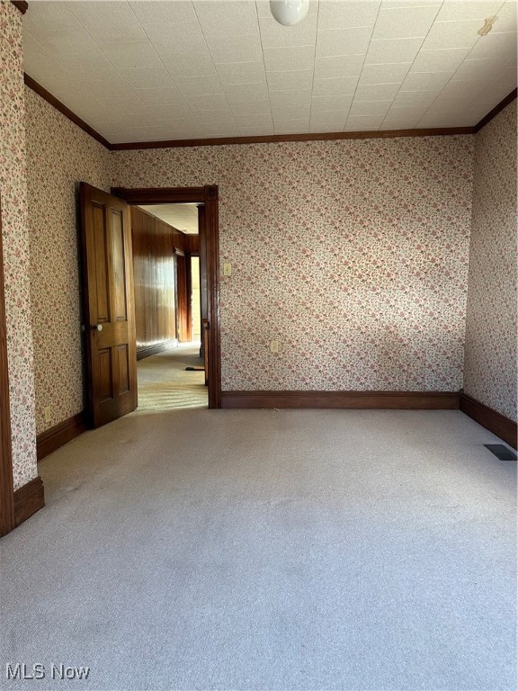 spare room featuring crown molding and carpet floors