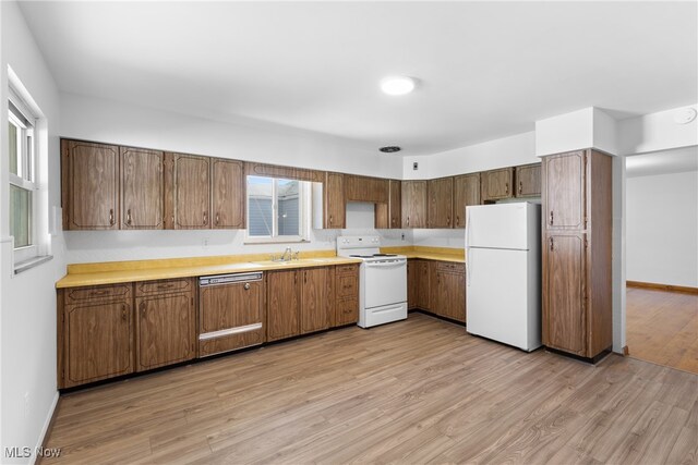 kitchen with sink, light hardwood / wood-style flooring, and white appliances