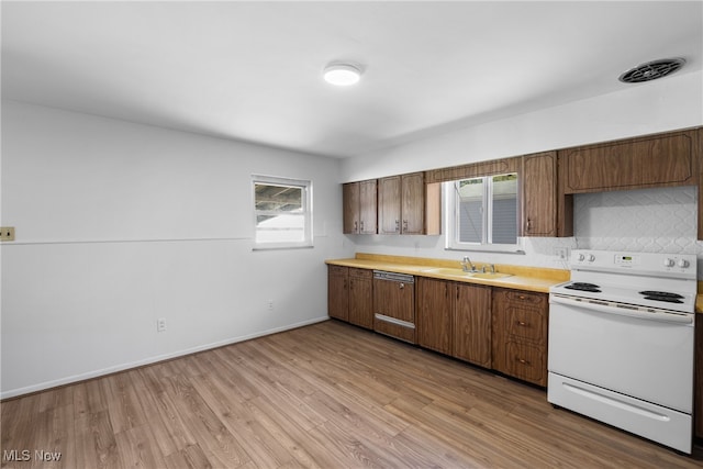 kitchen featuring sink, white range with electric cooktop, paneled dishwasher, and light hardwood / wood-style floors