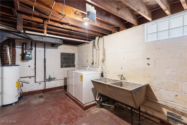 laundry area featuring sink, gas water heater, and washer and clothes dryer