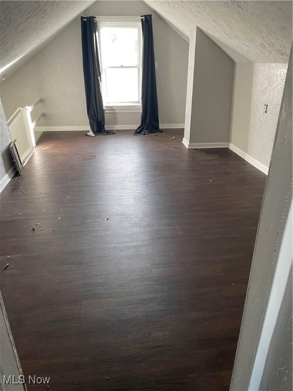 additional living space featuring dark hardwood / wood-style flooring, lofted ceiling, and a textured ceiling