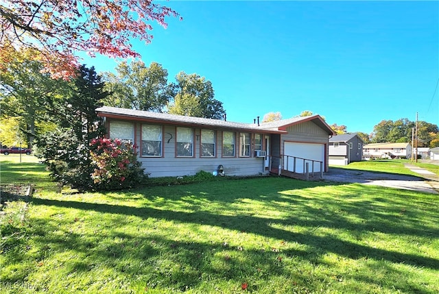 single story home featuring cooling unit, a front lawn, and an outbuilding