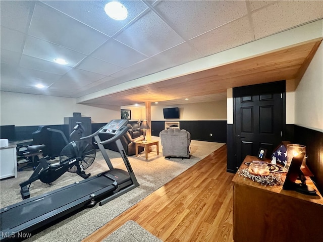 workout room with hardwood / wood-style flooring and a drop ceiling