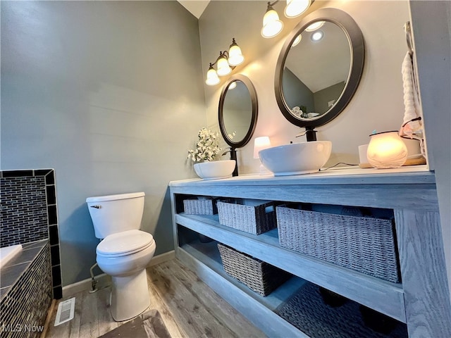 bathroom with vanity, toilet, and hardwood / wood-style floors