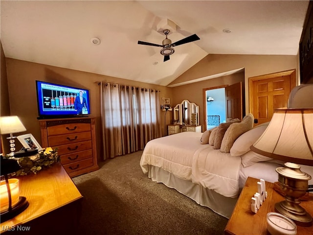 carpeted bedroom featuring ceiling fan and lofted ceiling