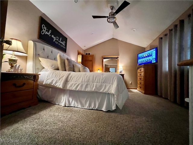 bedroom featuring lofted ceiling, carpet floors, and ceiling fan