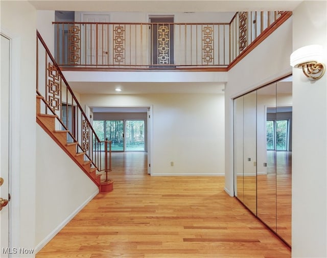 foyer featuring a towering ceiling, a healthy amount of sunlight, and wood-type flooring