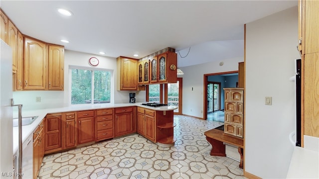 kitchen featuring sink, gas cooktop, kitchen peninsula, and dishwasher