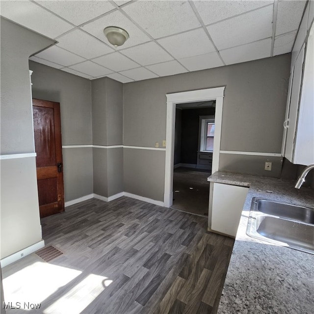 kitchen with dark hardwood / wood-style floors, sink, and a paneled ceiling