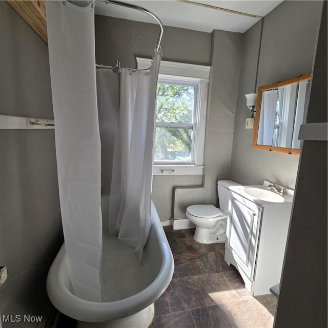 full bathroom with vanity, plus walk in shower, and toilet