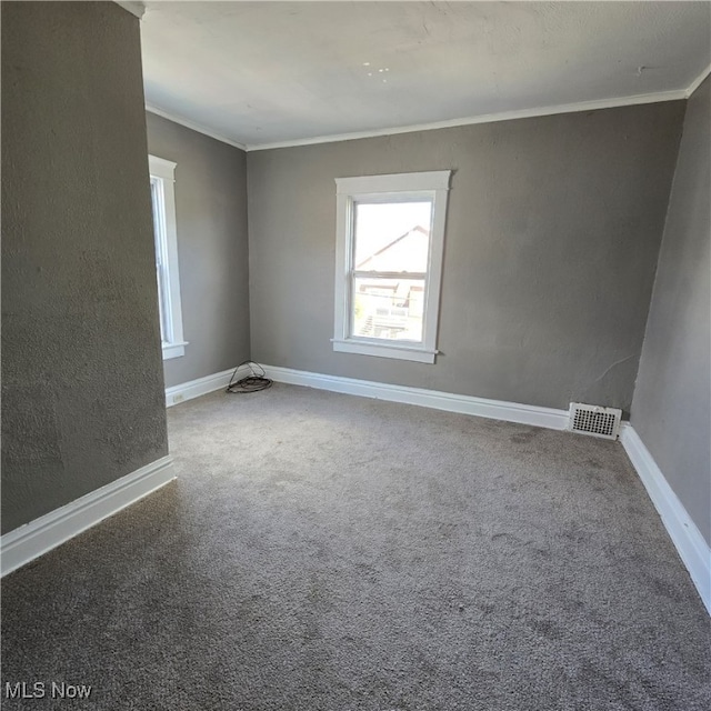 unfurnished room featuring crown molding and carpet