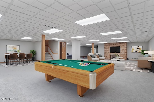 recreation room with light colored carpet and billiards