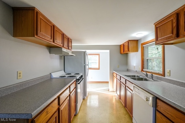 kitchen featuring dishwasher, a healthy amount of sunlight, stainless steel stove, and sink