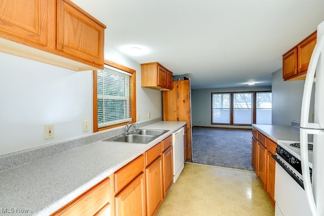 kitchen with a wealth of natural light, sink, and white appliances