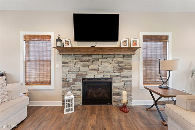 living room featuring a stone fireplace and dark hardwood / wood-style floors