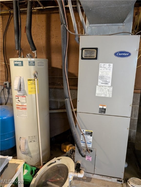 utilities featuring electric water heater and heating unit