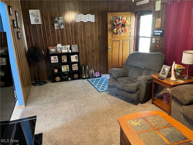 interior space with wood walls and carpet floors