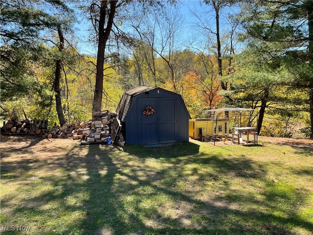 view of yard featuring a storage shed