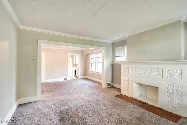 unfurnished living room with crown molding and carpet floors