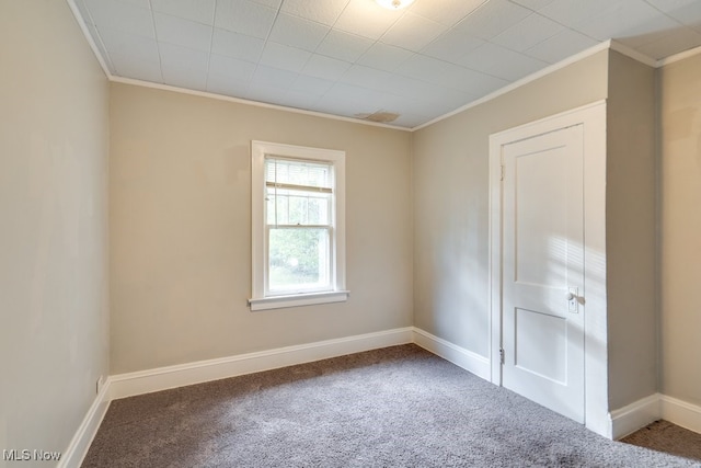 carpeted spare room featuring ornamental molding