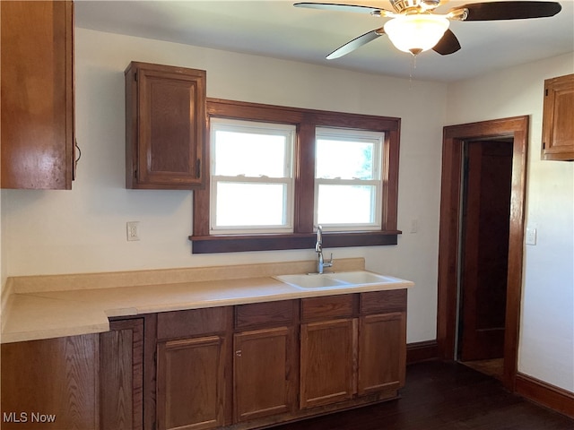 kitchen featuring sink, dark hardwood / wood-style floors, and ceiling fan