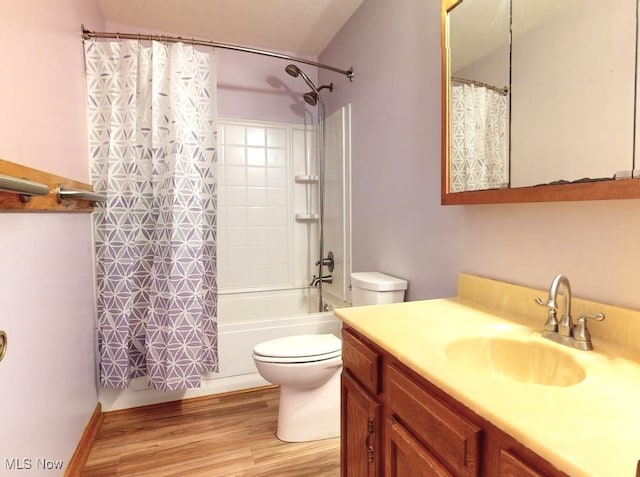 full bathroom with vanity, wood-type flooring, toilet, and shower / bath combo