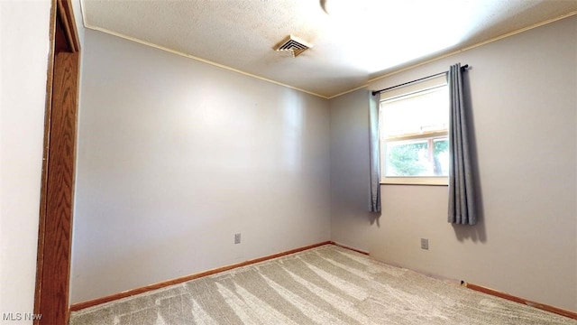 spare room with crown molding, light carpet, and a textured ceiling