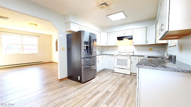 kitchen with sink, white cabinets, baseboard heating, white range with electric cooktop, and stainless steel refrigerator with ice dispenser