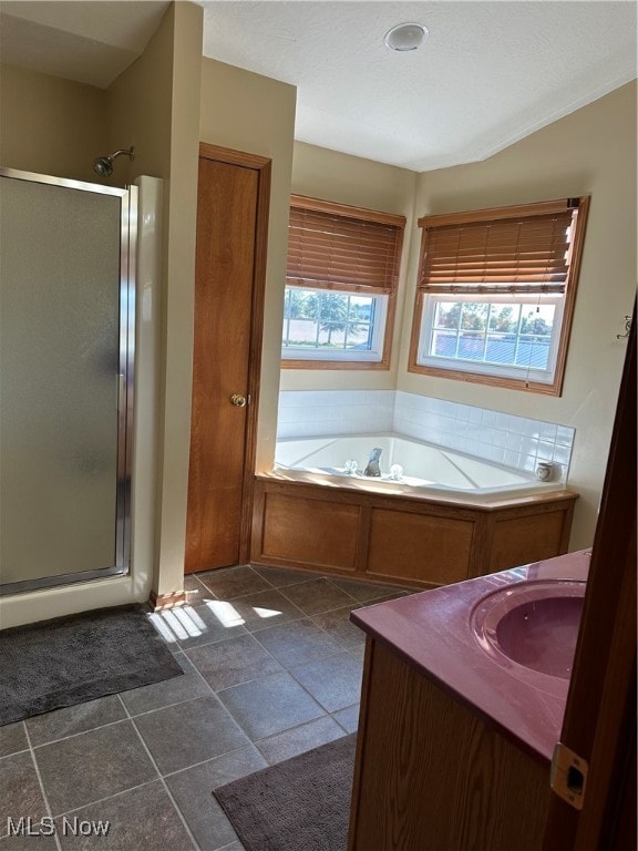 bathroom featuring vanity, plus walk in shower, and a wealth of natural light