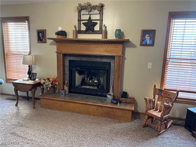 living area featuring a wealth of natural light and carpet flooring