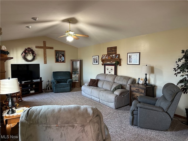 living room featuring lofted ceiling, carpet, and ceiling fan