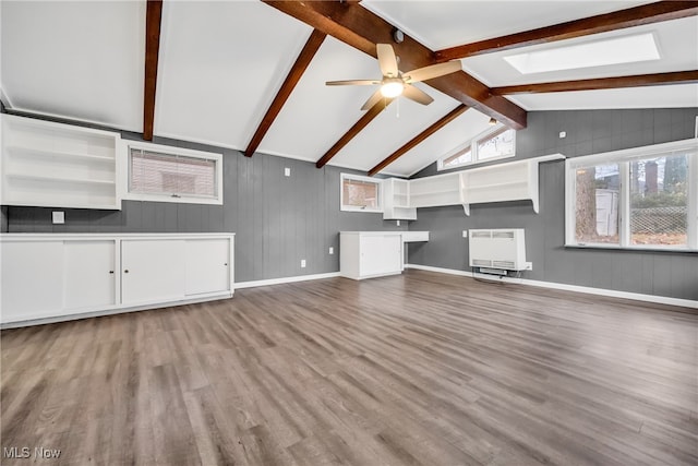 unfurnished living room featuring lofted ceiling with beams, light hardwood / wood-style floors, heating unit, and ceiling fan