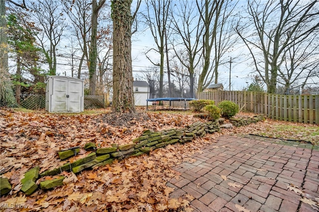 view of yard featuring a trampoline, a storage unit, and a patio area