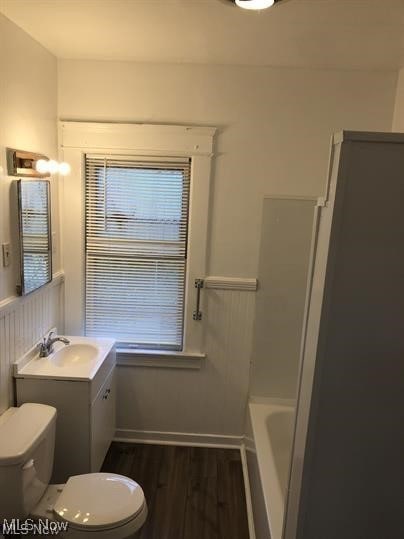 bathroom with vanity, toilet, and wood-type flooring