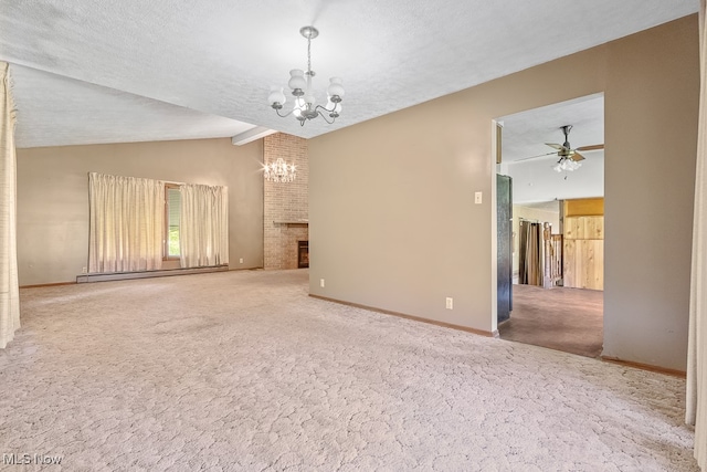 unfurnished living room featuring a fireplace, ceiling fan with notable chandelier, a textured ceiling, lofted ceiling, and carpet