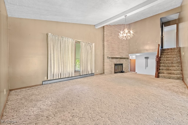 unfurnished living room featuring carpet flooring, a baseboard heating unit, and an inviting chandelier