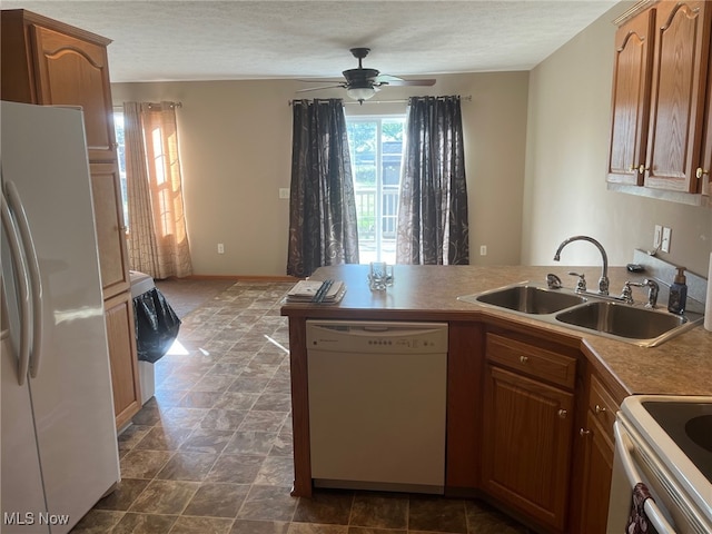 kitchen with sink, a textured ceiling, white appliances, and ceiling fan