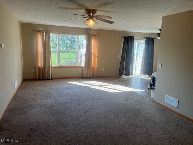 unfurnished room featuring ceiling fan, carpet, and a wealth of natural light