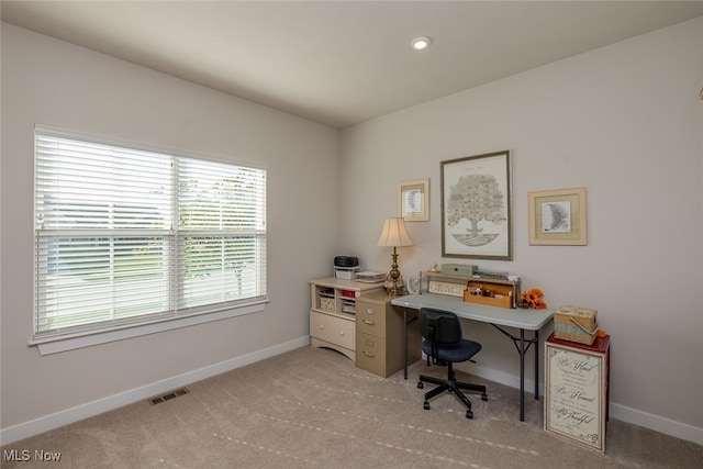 home office with light colored carpet