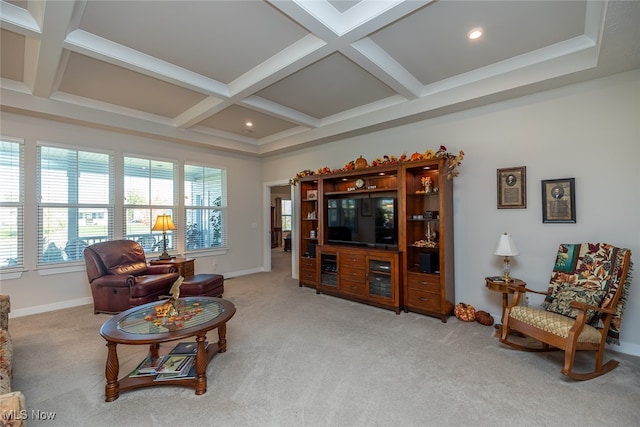 living room with light carpet, beamed ceiling, and coffered ceiling