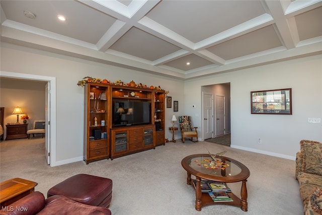 carpeted living room with beamed ceiling and coffered ceiling