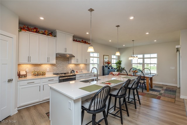 kitchen with sink, a kitchen island with sink, stainless steel stove, and white cabinets