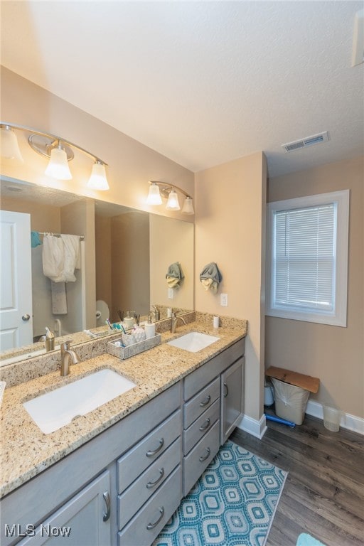 bathroom with vanity, hardwood / wood-style floors, and toilet