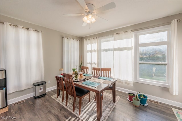 dining room featuring dark wood-type flooring, plenty of natural light, and ceiling fan