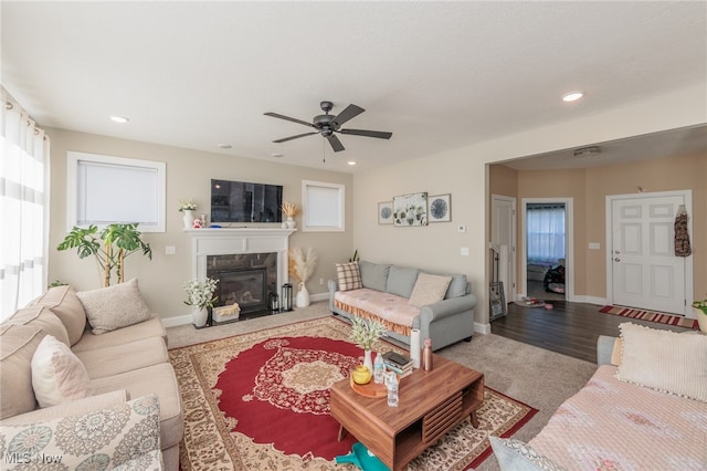 living room with a premium fireplace, hardwood / wood-style flooring, and ceiling fan